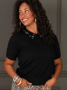 Pinch Black Short-Sleeve Sweater Top with Jeweled Collar